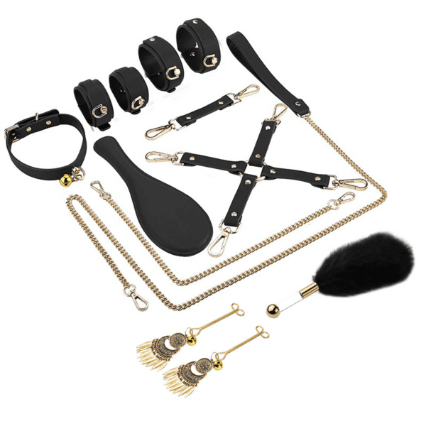 Black PU Leather with Gold Chain Premium 8-Piece Set (1) Black PU Leather with Gold Chain Premium 8-Piece Set